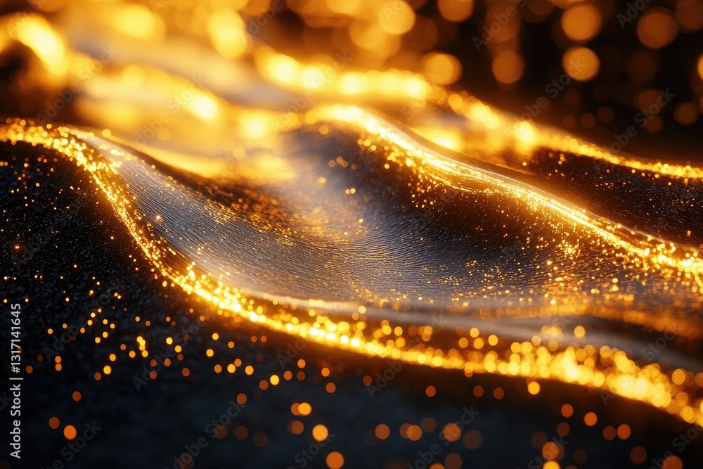 Aufkleber abstract golden wave with glittering particles, flowing dynamically across a dark background.
