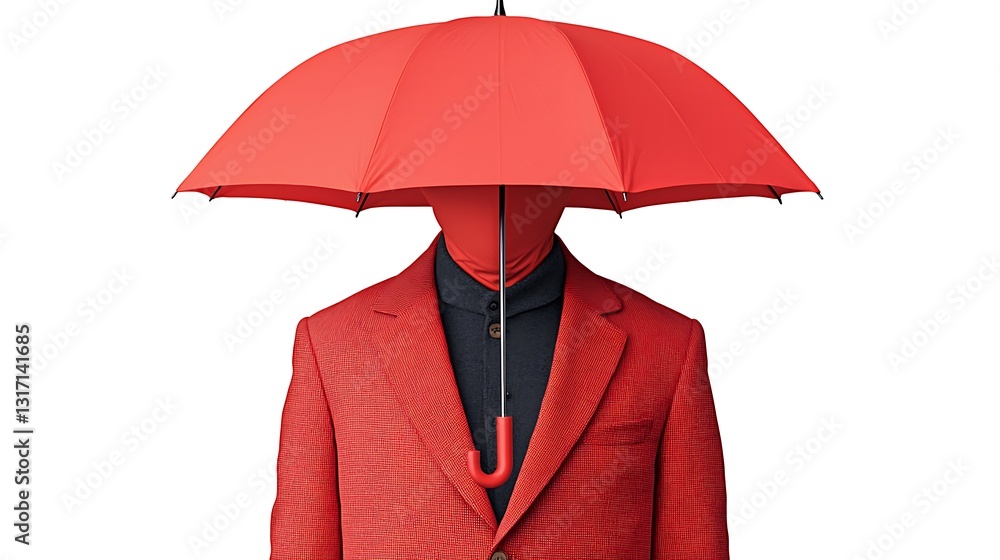 Poster a figure in a striking red suit holds a matching red umbrella, creating a bold and surreal visual st