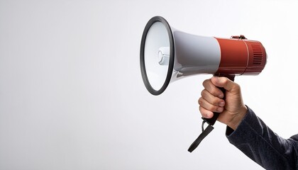 hand holding a megaphone on white background