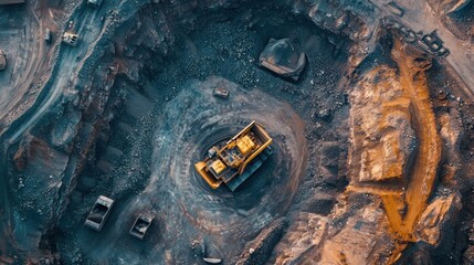 Aerial view showcasing heavy machinery working in a large industrial mine site