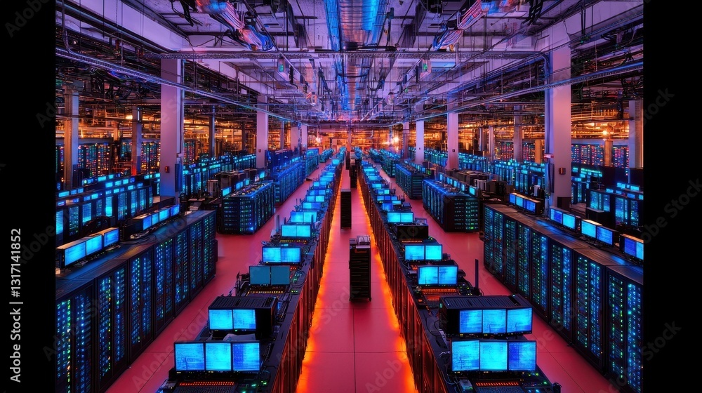 Poster advanced data center with rows of servers and bright blue displays