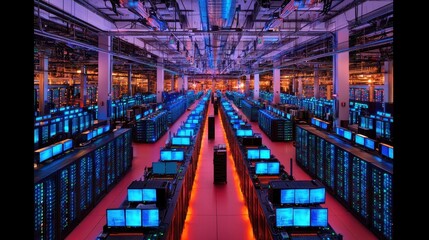 Fototapeta premium Advanced Data Center with Rows of Servers and Bright Blue Displays
