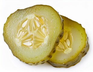 marinated pickled cucumber slices isolated on white background with full depth of field top view flat lay