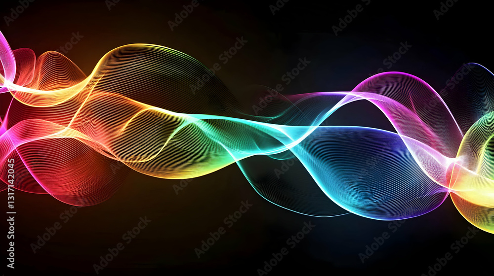 Poster vivid pixelated rainbow wave flowing dynamically against dark background abstract digital art