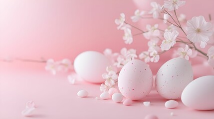 A serene composition of white eggs nestled among delicate pink flowers on a soft pink background, evoking a tranquil spring aesthetic.