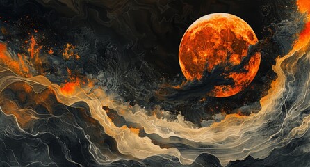 Vibrant abstract watercolor painting of a solar eclipse with dark orange and black colors in a fantasy inspired digital art composition
