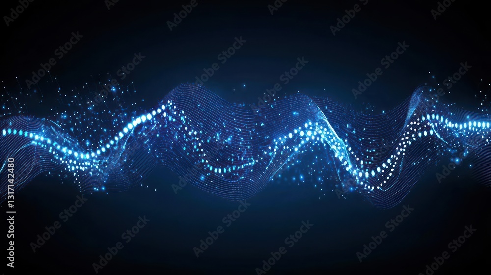 Poster abstract blue digital wave formed by glowing particles on dark background representing data flow
