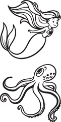 Obraz premium Vector art coloring pages for kids, showcasing playful mermaids and octopuses in a fun, imaginative design