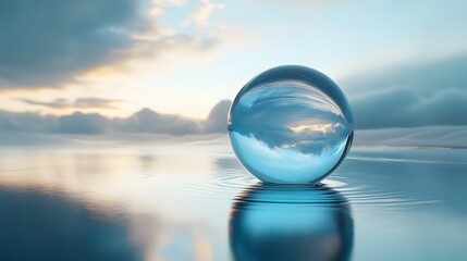A serene landscape featuring a crystal-clear sphere reflecting a tranquil sky and gentle water ripples, embodying nature's beauty.