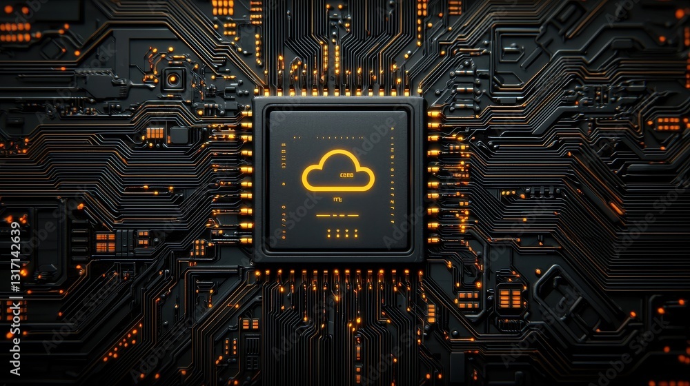 Poster modern microchip circuit with cloud symbol in dark background