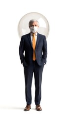 Fototapeta premium A businessman in a suit and mask stands confidently, encased in a bubble, symbolizing safety and isolation in a modern context.