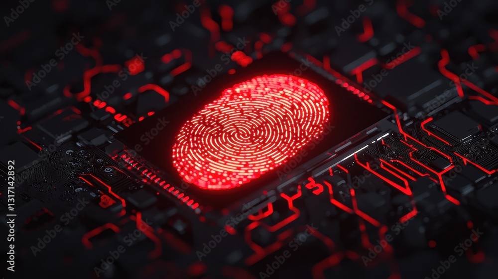 Poster red fingerprint on circuit board background for digital security concept