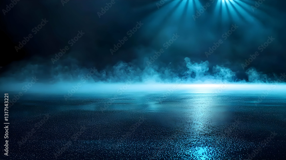 Poster dark empty stage illuminated by glowing spotlights with blue fog and sparkly wet floor in abstract b