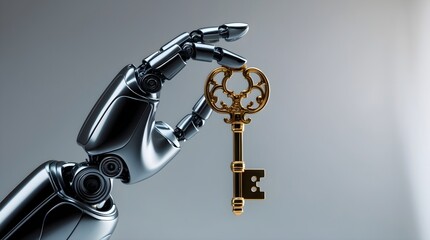 Naklejka premium a robot hand holding a key, space for copy