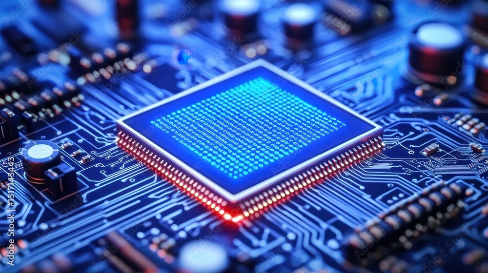 Poster close-up view of microchip on a circuit board with blue lights