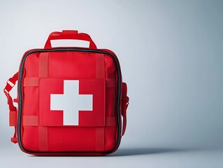 Fototapeta premium A red first aid kit with a white cross symbol, positioned against a light background, emphasizing safety and emergency preparedness.
