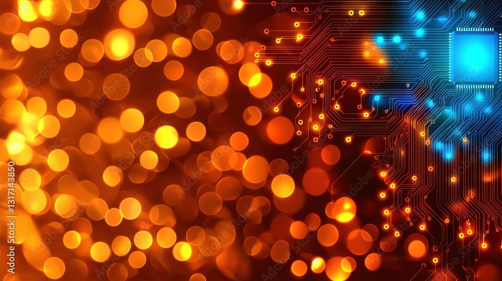 Poster bright orange bokeh background with circuit board pattern design