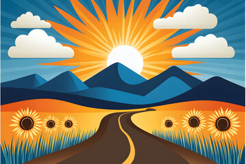 Scenic road trip through a vibrant landscape, sun rising over majestic mountains and sunflowers. Perfect for travel, adventure, and nature themes.