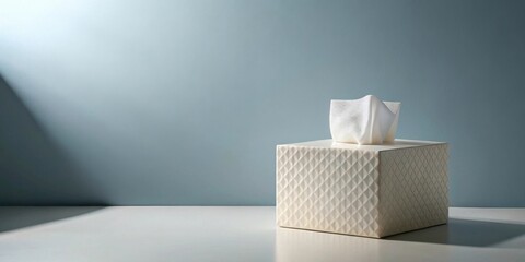 A pristine white tissue box with a subtly textured surface sits on a minimalist white table against a muted blue wall, bathed in soft, diffused light, creating a serene and calming atmosphere.