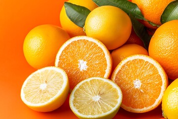 A vivid orange background with citrus fruits sliced in half, their juicy interiors showing vibrant colors of orange, yellow, and green, creating an inviting, fresh visual appeal.