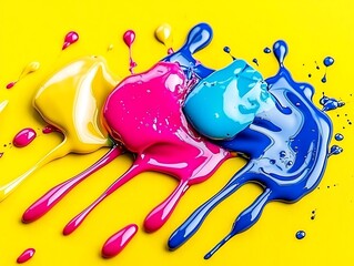 A vibrant yellow backdrop with abstract splashes of color and flowing lines, creating a bold and energetic visual design.