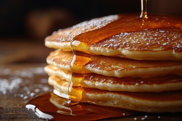 Golden syrup cascades over fluffy, stacked pancakes, creating glistening pools on each buttery layer beneath. Perfectly toasted peaks invite a delicious, syrupy feast
