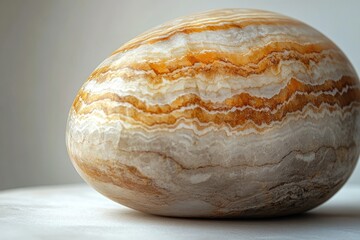 Obraz premium A polished onyx stone, ovular in shape, displays captivating layers of creamy white and warm honey-brown hues.