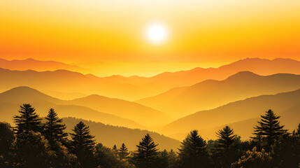 Golden hour sunset over rolling mountains, silhouetted trees in foreground, peaceful and serene landscape.