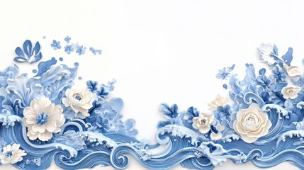 Fototapeta premium Blue and White 3D Floral Design with Wave Pattern on White Background