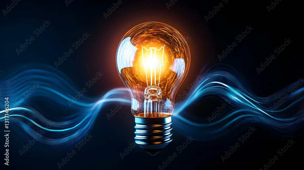 Poster glowing light bulb symbolizing innovation and global connectivity with digital data flowing on a dar