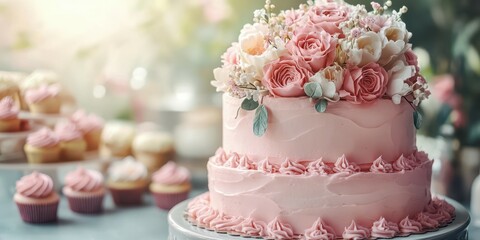 Fototapeta premium Elegant pink floral cake adorned with roses at a celebratory event on a bright afternoon