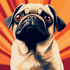 A pug in a tuxedo, pop art style, with a red background.