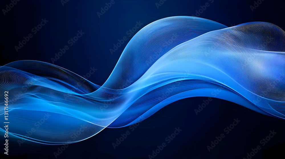 Poster abstract blue wave flowing smoothly across a dark blue background with subtle light and shadow effec