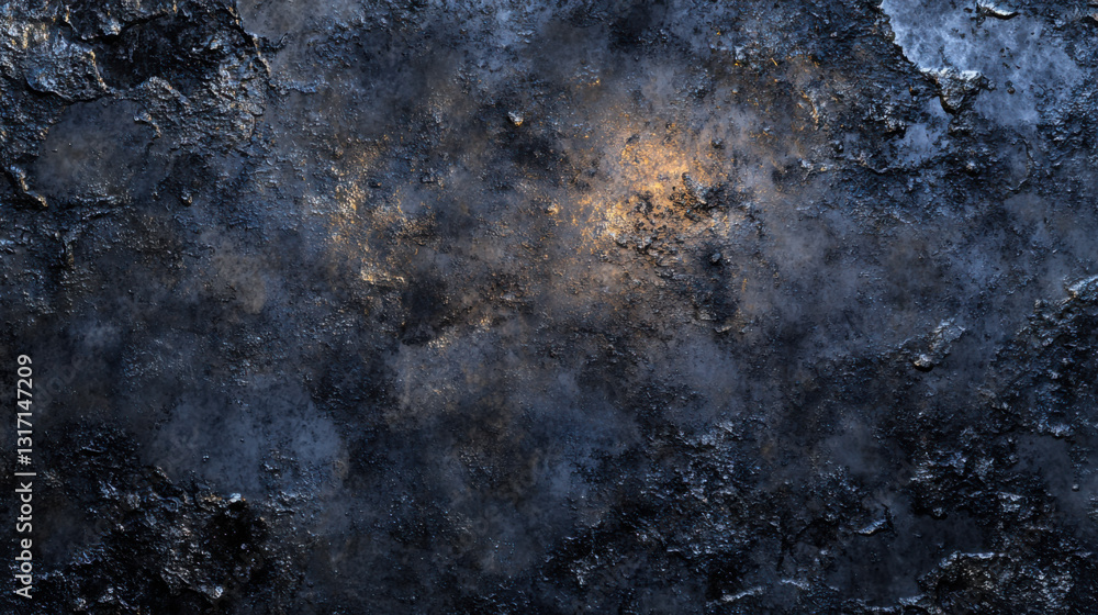 Poster textured surface creates an intriguing visual effect resembling an abstract landscape in dark tones 