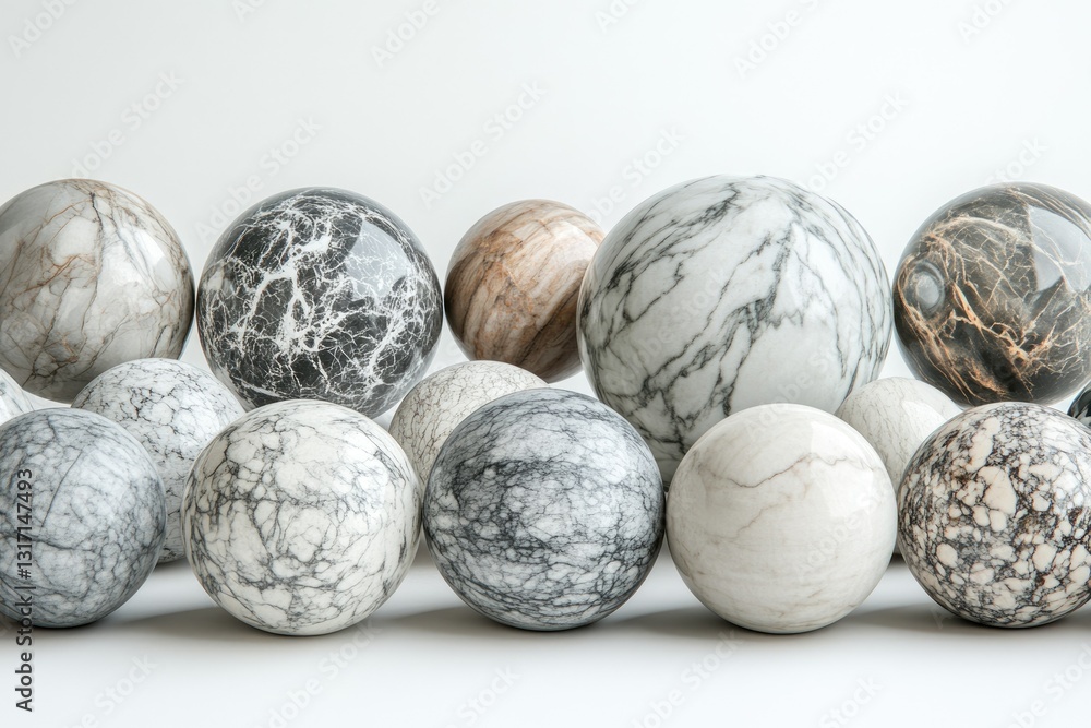 Poster collection of polished marble spheres in varying colors and patterns.