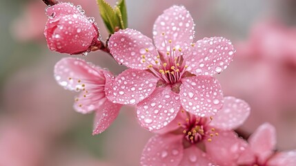 Fototapeta premium The fresh blooming of peach blossoms after rain
