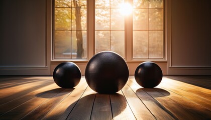 three black meditation balls rest on a wooden floor bathed in warm sunlight from large windows this serene image is ideal for wellness mindfulness or indoor exercise themes