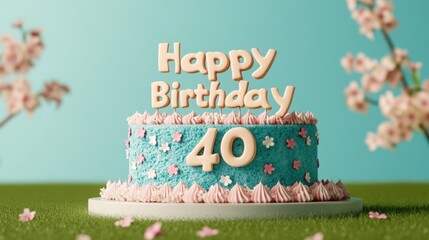 Happy Birthday 40 Cake with Spring Blossoms Decorated in Bright 3D Letters