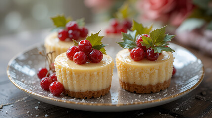 Indulge in these charming mini cheesecakes adorned with red berries and holly leaves.