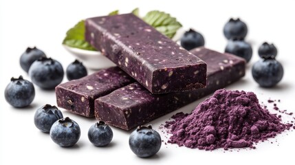 Protein berry snack creation Blueberry Acai energy bar white background