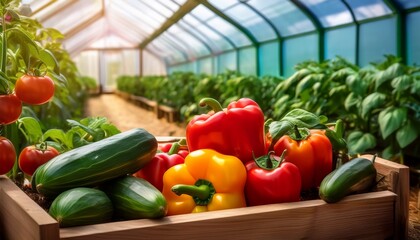 vibrant greenhouse showcase lush bell peppers tomatoes and cucumbers with detailed foliage