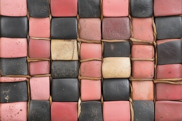 Fototapeta premium Woven pink, black squares, textured background, craft detail