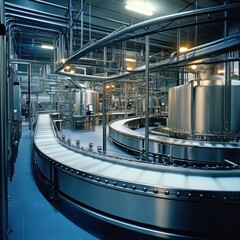 s-eye view of a sprawling industrial factory complex surrounded by shipping containers.