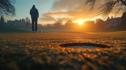 A golfer preparing to putt on a vibrant green golf course, with the sun shining in the background.
