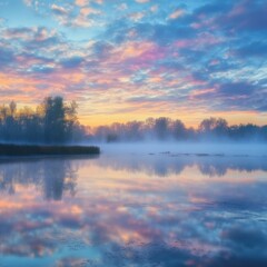 Fototapeta premium Country lake shrouded in mist and painted sky