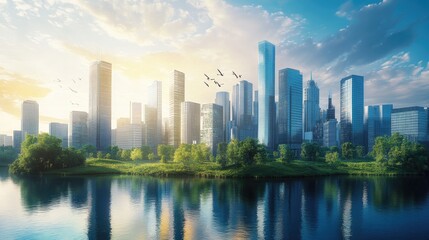 Eco-Modern Metropolis,  City Skyline at Sunrise