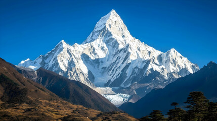 Fototapeta premium Majestic snow-capped Himalayan peak under a clear blue sky, overlooking brown valleys. Ideal for travel brochures