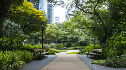 Obraz premium Tranquil Green City Park With Benches And Gravel Path In Bangkok Thailand During A Sunny Day With Lush Trees And Plants