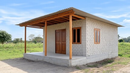 Compact prefab dwelling with wooden pillared porch and metal roof, nestled against verdant grassland, exemplifying minimalist sustainable living design