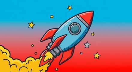 Fototapeta premium Vibrant Modern Rocket Illustration with Dynamic Motion Lines and Bright Gradients, Space Exploration Theme for Tech Websites, Posters, Educational Content – High-Quality
